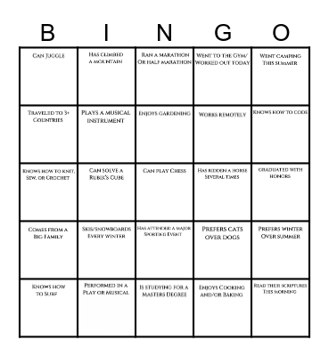 Get To Know You Bingo Card