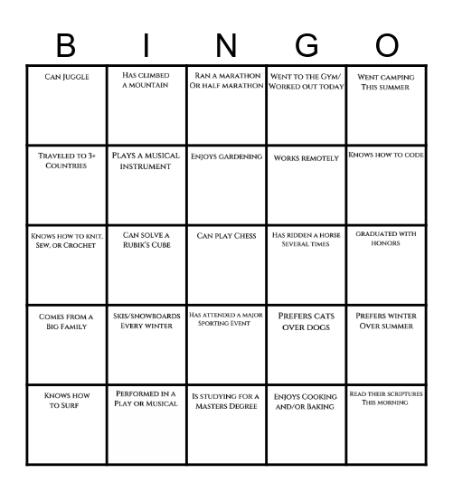 Get To Know You Bingo Card