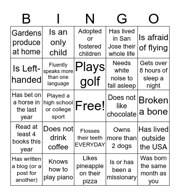 2016 South Hills Reunion Bingo Card