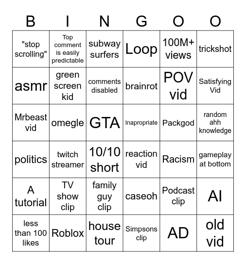 YT SHORTS BINGO Card