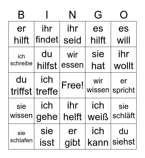 Unregelmäßige Verben Bingo Card