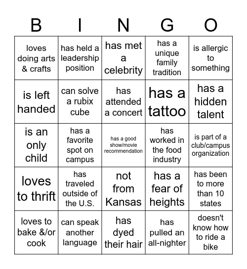 New Member Bingo Card