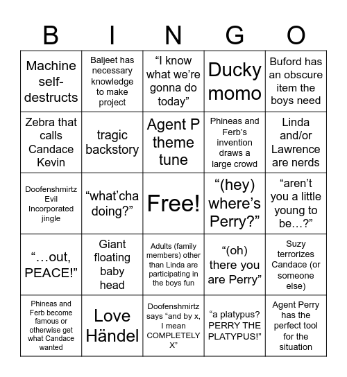 Phineas and Ferb Bingo Card