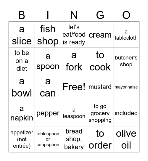 A table (leçon 1B) Bingo Card