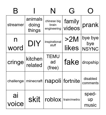 YT shorts bingo Card