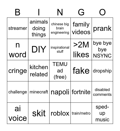 YT shorts bingo Card