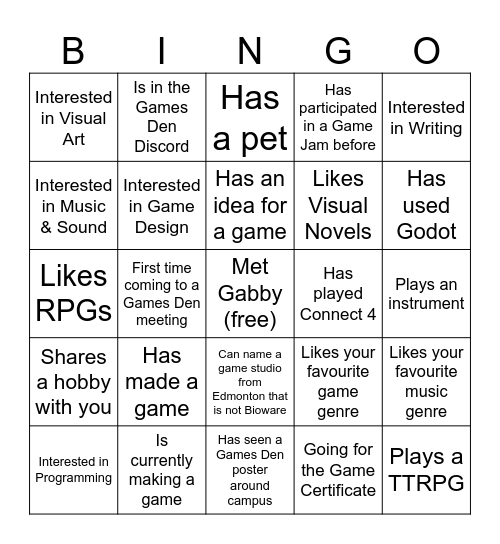 Games Den Bingo! Bingo Card