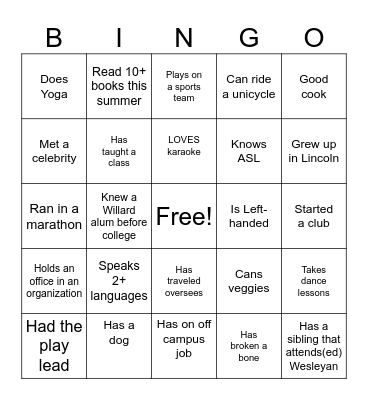 Willard Bingo Card