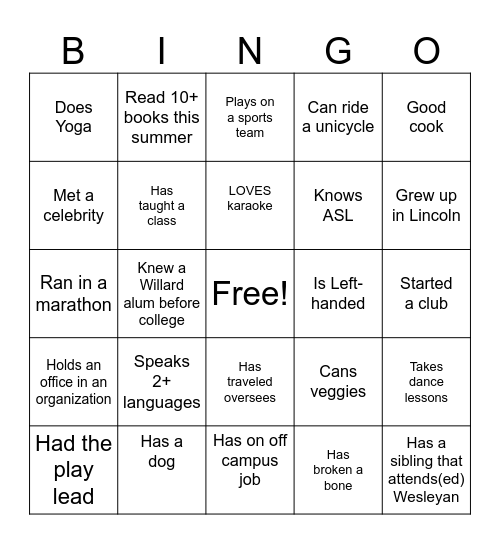 Willard Bingo Card