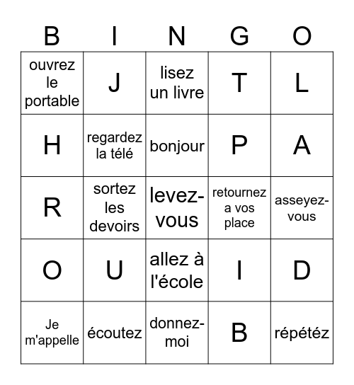 Fr:  Les Commandes et l'Alphabet Bingo Card