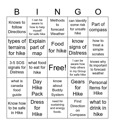 OAS Trail skill 1-2 Bingo Card