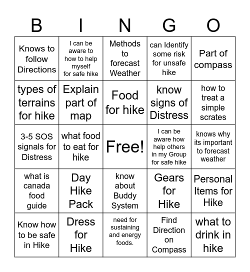 OAS Trail skill 1-2 Bingo Card