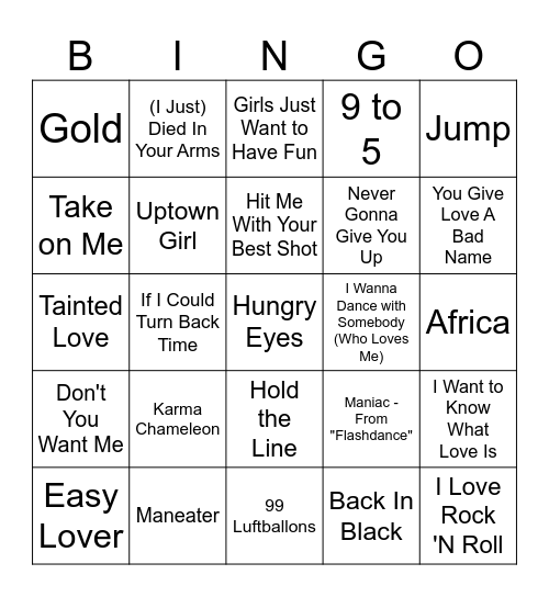 80's Music Bingo Card