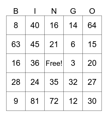 Multiplication Bingo Card