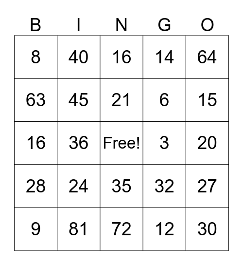 Multiplication Bingo Card