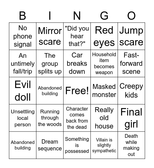 Horror Movie Bingo Card