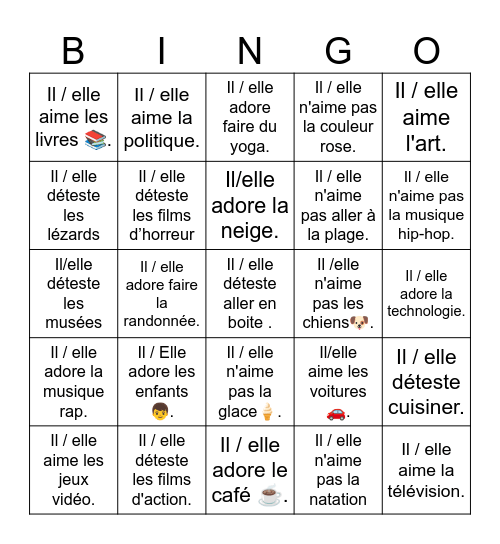 Les Préférences Bingo Card