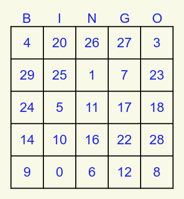 Los números en español 0 - 30 Bingo Card