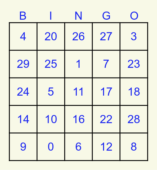 Los números en español 0 - 30 Bingo Card