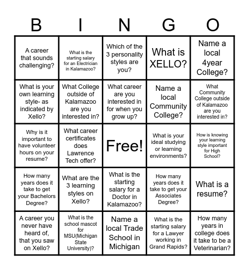 XELLO BINGO Card