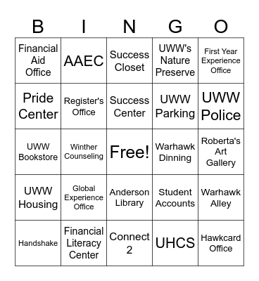 UW-Whitewater Resource Bingo Card