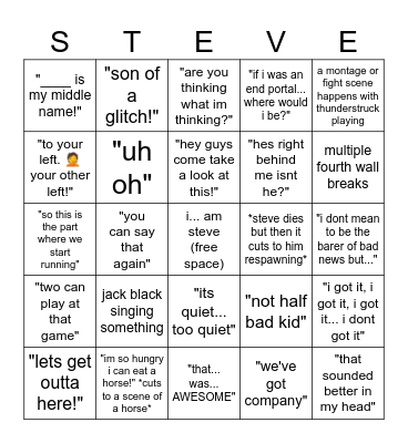 Minecraft movie bingo Card