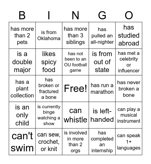 Find someone who Bingo Card