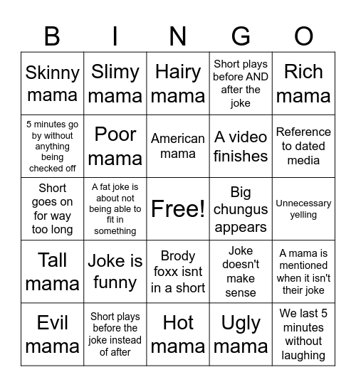 Yo mama bingo Card