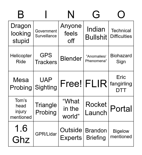 Skinwalker Ranch Bingo Card