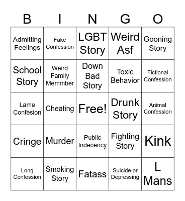 Confessions Bingo Card