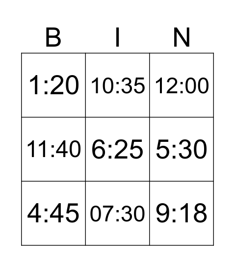 Telling the time Bingo Card