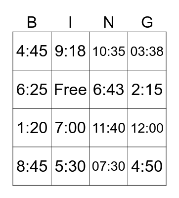 Telling the time Bingo Card
