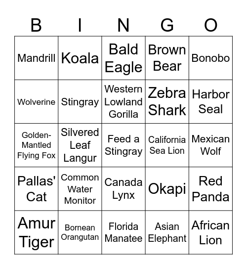 Columbus Zoo Bingo Card