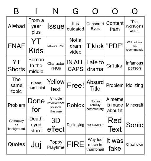 YT Drama Bingo Card