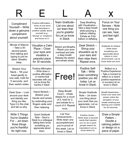 Mindful Moments Bingo Card