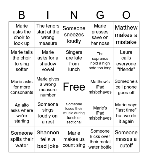 Choral Arts Retreat Bingo Card