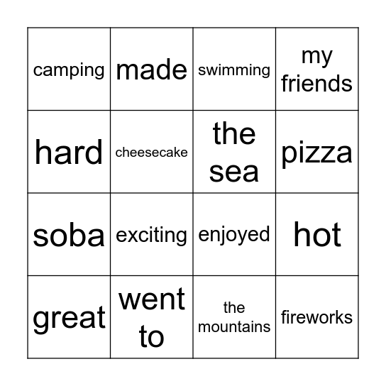 Summer Vacation Bingo Card