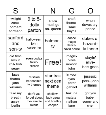 tv and movie songs Bingo Card