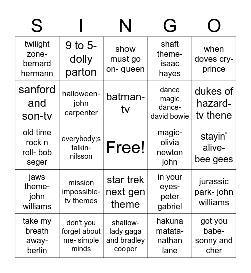 tv and movie songs Bingo Card