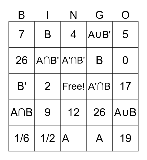 Venn diagram probability Bingo Card