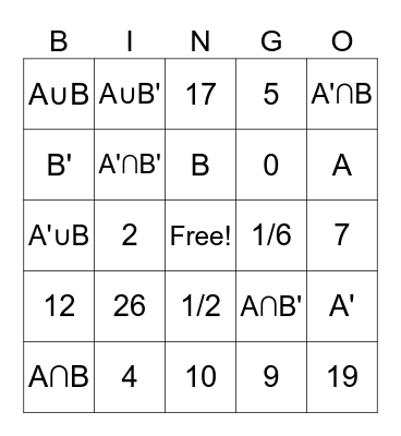 Venn diagram and probability Bingo Card