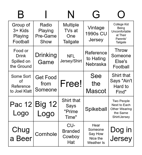 CU Boulder Tailgate Bingo Card