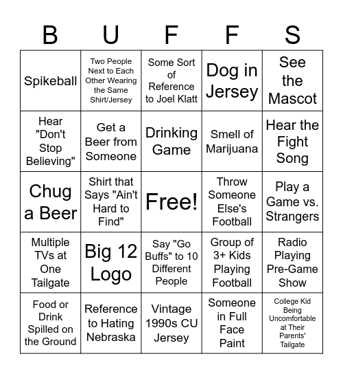 CU Boulder Tailgate Bindo Bingo Card