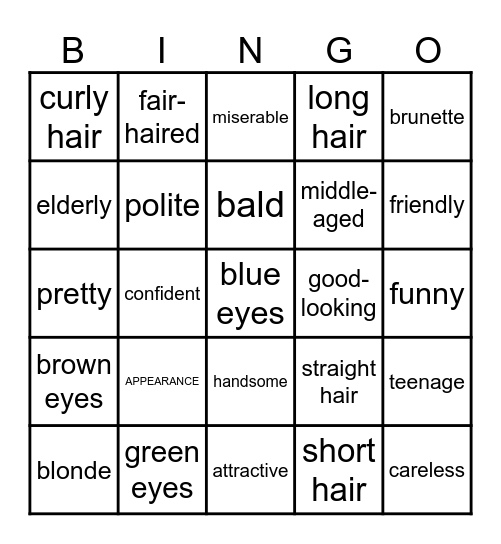 APPEARANCE Bingo Card