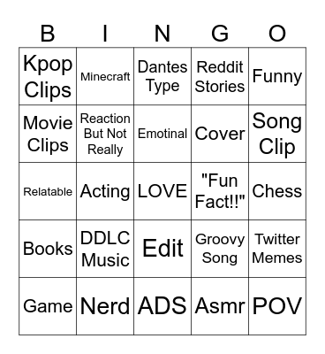Youtube Shorts/ Normal Youtube Bingo Card