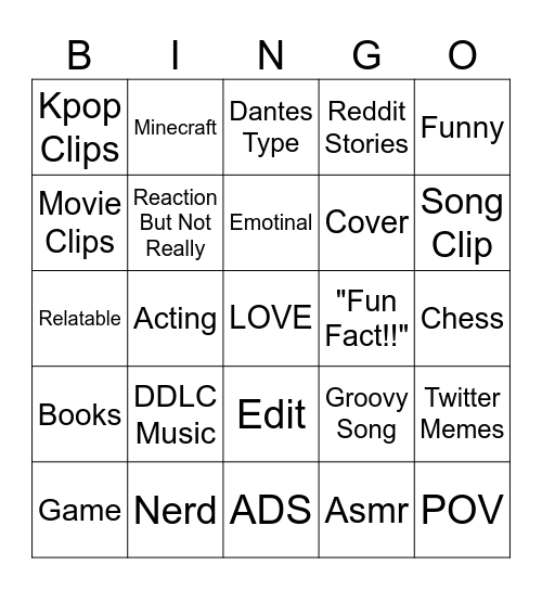 Youtube Shorts/ Normal Youtube Bingo Card