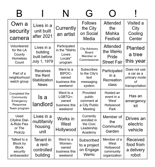 WeHo 40 BINGO! Bingo Card