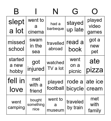 Summer holidays. Find someone who Bingo Card