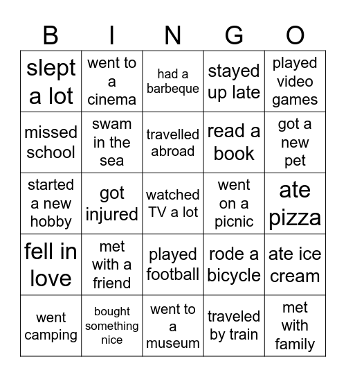 Summer holidays. Find someone who Bingo Card