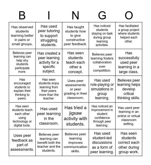 Peer Leaning Bingo Card